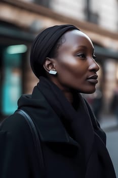 A woman 30 years old African American is being portrayed in the middle of a busy city street (generative AI)