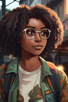 A woman 30 years old African American is being portrayed in the middle of a busy city street (generative AI)