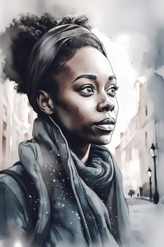 A woman 30 years old African American is being portrayed in the middle of a busy city street (generative AI)