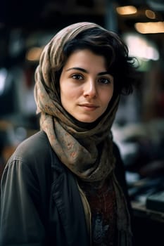 A woman 40 years old Middle Eastern is being portrayed in a lively open-air market surrounded by people and vendors (generative AI)