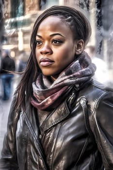 A woman 30 years old African American is being portrayed in the middle of a busy city street (generative AI)