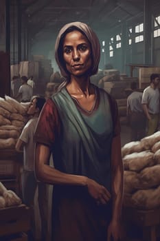 A woman 40 years old Middle Eastern is being portrayed in a lively open-air market surrounded by people and vendors (generative AI)