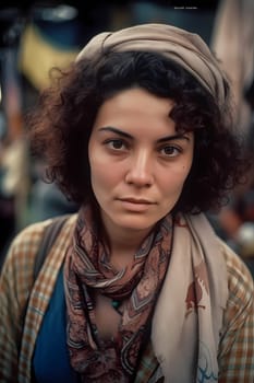 A woman 40 years old Middle Eastern is being portrayed in a lively open-air market surrounded by people and vendors (generative AI)