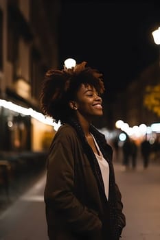 A woman 30 years old African American is being portrayed in the middle of a busy city street (generative AI)