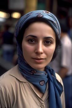 A woman 40 years old Middle Eastern is being portrayed in a lively open-air market surrounded by people and vendors (generative AI)