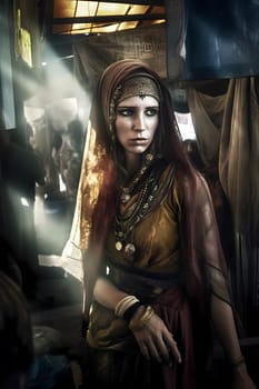 A woman 40 years old Middle Eastern is being portrayed in a lively open-air market surrounded by people and vendors (generative AI)
