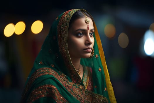 A woman 40 years old Middle Eastern is being portrayed in a lively open-air market surrounded by people and vendors (generative AI)