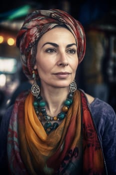 A woman 40 years old Middle Eastern is being portrayed in a lively open-air market surrounded by people and vendors (generative AI)