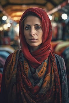 A woman 40 years old Middle Eastern is being portrayed in a lively open-air market surrounded by people and vendors (generative AI)