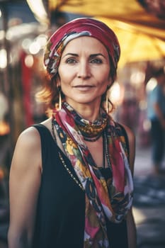 A woman 40 years old Middle Eastern is being portrayed in a lively open-air market surrounded by people and vendors (generative AI)