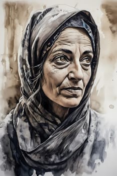 A woman 40 years old Middle Eastern is being portrayed in a lively open-air market surrounded by people and vendors (generative AI)