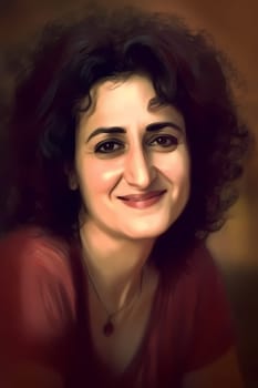 A woman 40 years old Middle Eastern is being portrayed in a lively open-air market surrounded by people and vendors (generative AI)