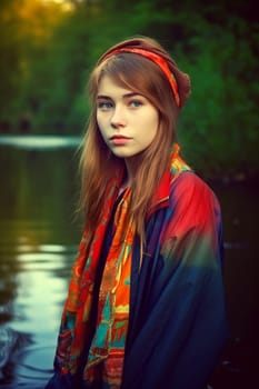 A teenage Russian girl with long red hair stands by a river with a bridge in the background. (generative AI)