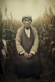 A woman 50 years old Asian is being portrayed in a beautiful rice field setting (generative AI)