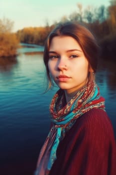 A teenage Russian girl with long red hair stands by a river with a bridge in the background. (generative AI)