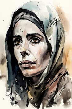 A woman 40 years old Middle Eastern is being portrayed in a lively open-air market surrounded by people and vendors (generative AI)