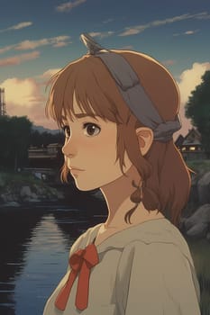 A teenage Russian girl with long red hair stands by a river with a bridge in the background. (generative AI)
