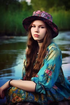 A teenage Russian girl with long red hair stands by a river with a bridge in the background. (generative AI)