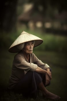 A woman 50 years old Asian is being portrayed in a beautiful rice field setting (generative AI)