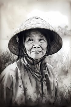 A woman 50 years old Asian is being portrayed in a beautiful rice field setting (generative AI)