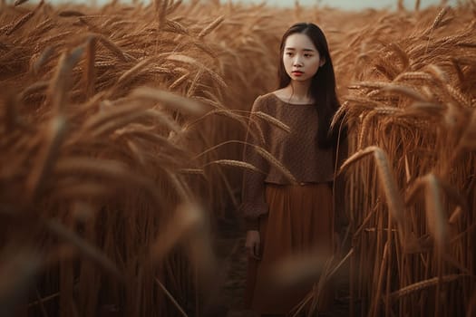 A woman 50 years old Asian is being portrayed in a beautiful rice field setting (generative AI)