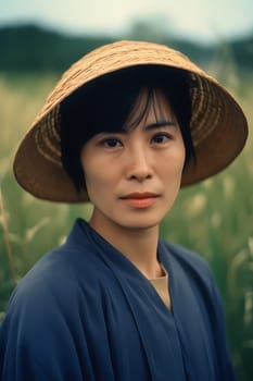 A woman 50 years old Asian is being portrayed in a beautiful rice field setting (generative AI)