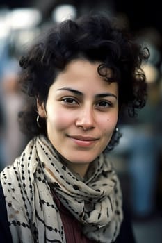 A woman 40 years old Middle Eastern is being portrayed in a lively open-air market surrounded by people and vendors (generative AI)