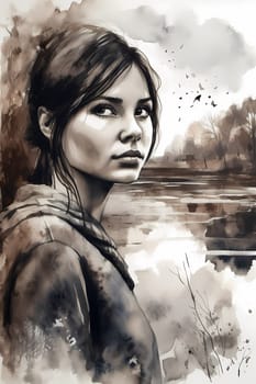 A teenage Russian girl with long red hair stands by a river with a bridge in the background. (generative AI)
