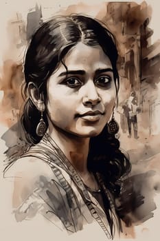 A young Indian woman wearing a saree stands smiling in a crowded and colorful market. (generative AI)
