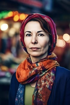 A woman 40 years old Middle Eastern is being portrayed in a lively open-air market surrounded by people and vendors (generative AI)