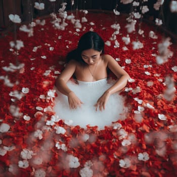 Image of a woman taking a luxurious bath with flower petals. High quality photo