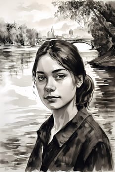 A teenage Russian girl with long red hair stands by a river with a bridge in the background. (generative AI)