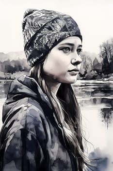 A teenage Russian girl with long red hair stands by a river with a bridge in the background. (generative AI)