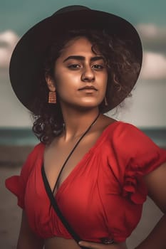 A woman 21 years old Latin American is being portrayed on a vibrant beach during a sunny day (generative AI)