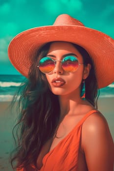 A woman 21 years old Latin American is being portrayed on a vibrant beach during a sunny day (generative AI)
