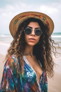 A woman 21 years old Latin American is being portrayed on a vibrant beach during a sunny day (generative AI)