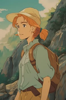 A woman 26 years old Caucasian is being portrayed in a peaceful mountain trail surrounded by trees and nature (generative AI)