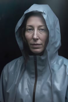 A woman 26 years old Caucasian is being portrayed in a peaceful mountain trail surrounded by trees and nature (generative AI)