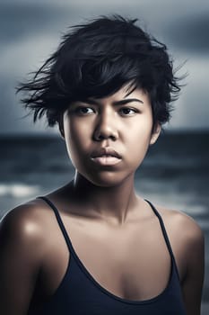 A woman 21 years old Latin American is being portrayed on a vibrant beach during a sunny day (generative AI)