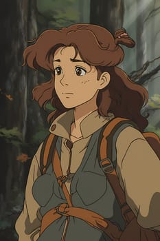 A woman 26 years old Caucasian is being portrayed in a peaceful mountain trail surrounded by trees and nature (generative AI)
