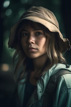 A woman 26 years old Caucasian is being portrayed in a peaceful mountain trail surrounded by trees and nature (generative AI)