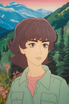 A woman 26 years old Caucasian is being portrayed in a peaceful mountain trail surrounded by trees and nature (generative AI)