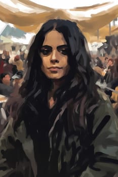 A young Indian woman wearing a saree stands smiling in a crowded and colorful market. (generative AI)
