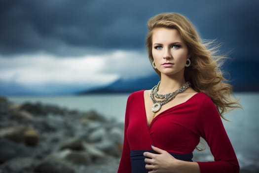 A woman 26 years old Caucasian is being portrayed in a peaceful mountain trail surrounded by trees and nature (generative AI)