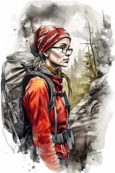 A woman 26 years old Caucasian is being portrayed in a peaceful mountain trail surrounded by trees and nature (generative AI)