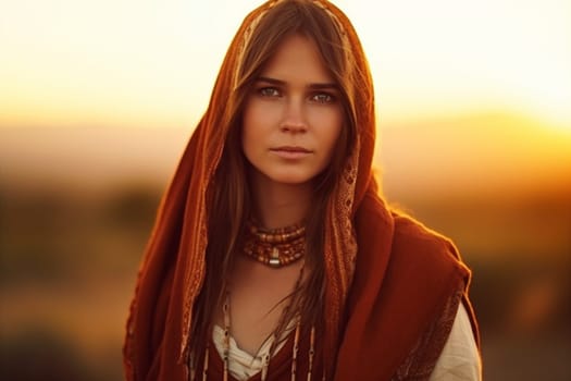 A woman 26 years old Caucasian is being portrayed in a peaceful mountain trail surrounded by trees and nature (generative AI)