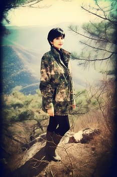 A woman 26 years old Caucasian is being portrayed in a peaceful mountain trail surrounded by trees and nature (generative AI)
