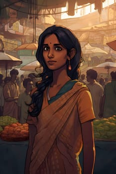 A young Indian woman wearing a saree stands smiling in a crowded and colorful market. (generative AI)