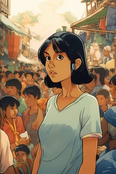 A young Indian woman wearing a saree stands smiling in a crowded and colorful market. (generative AI)