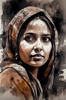 A young Indian woman wearing a saree stands smiling in a crowded and colorful market. (generative AI)